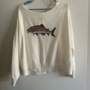 Hollister Cream  Women's off the shoulder Sweater with Brown Fish Motif